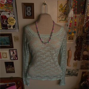 Y2K Lace Long Sleeve Shirt Women's Small Light Mint Green Sheer Layering Mudd